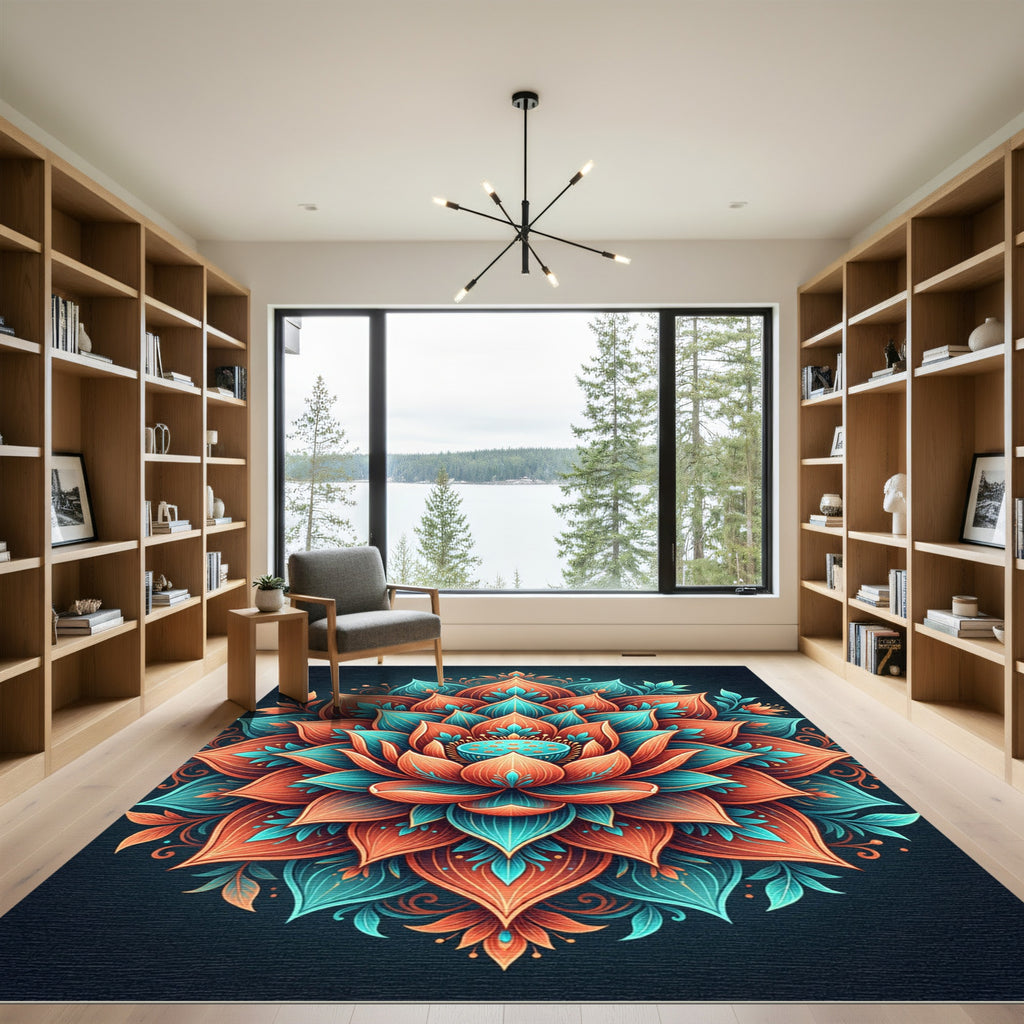 Vibrant Coral Teal Lotus Mandala Rug