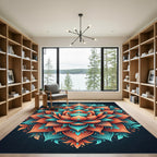 Vibrant Coral Teal Lotus Mandala Rug