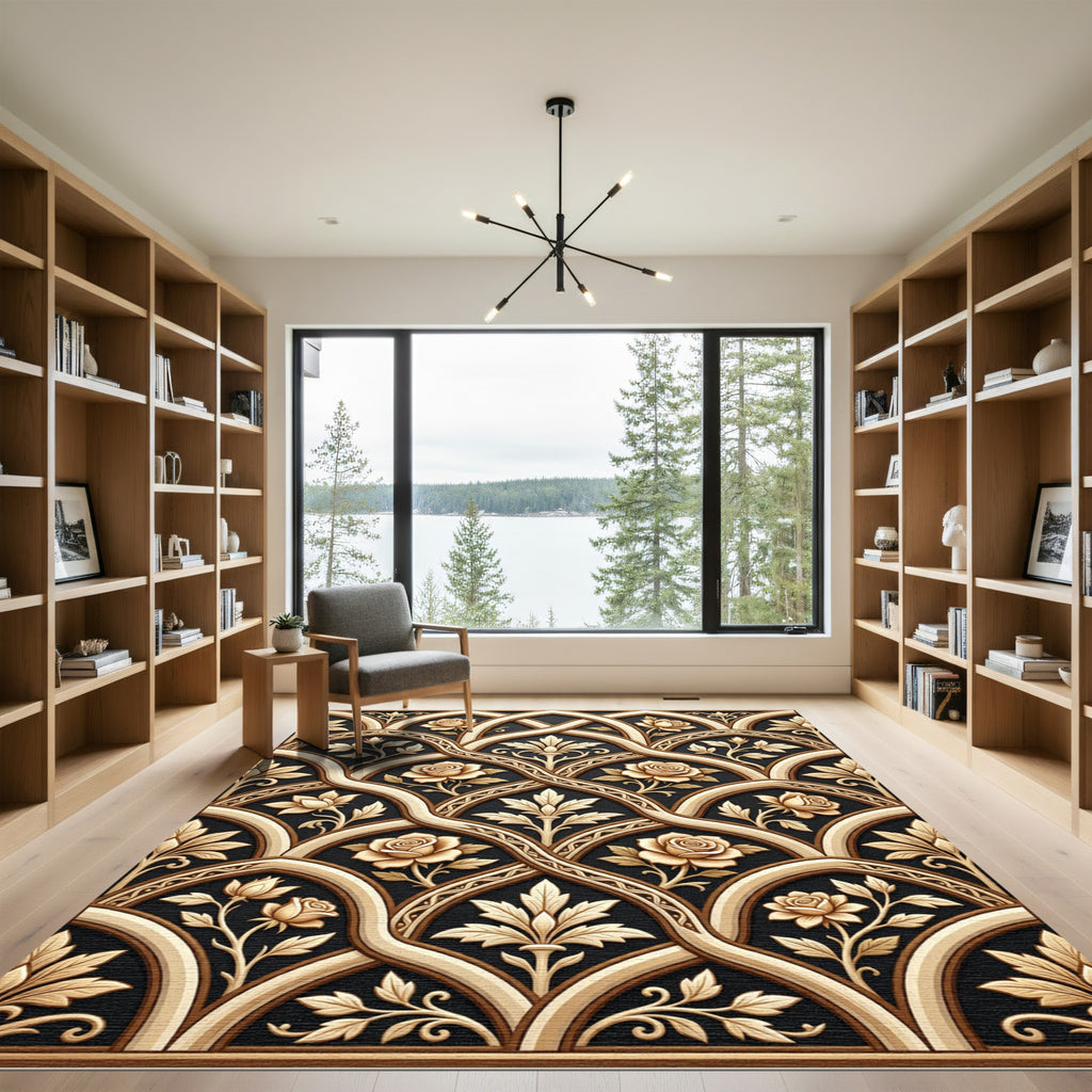 Elegant Gold Rose Archway Pattern Rug