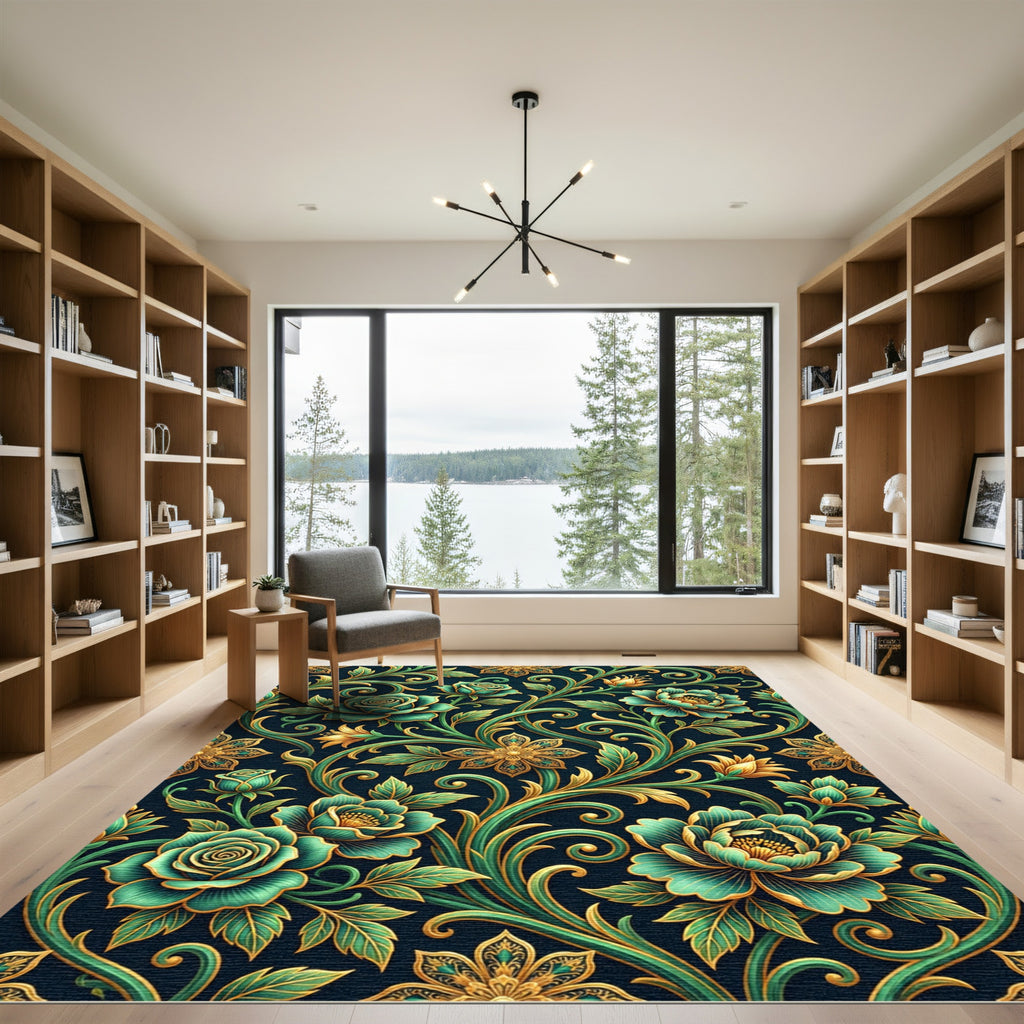 Deep Teal Emerald Floral Scroll Rug