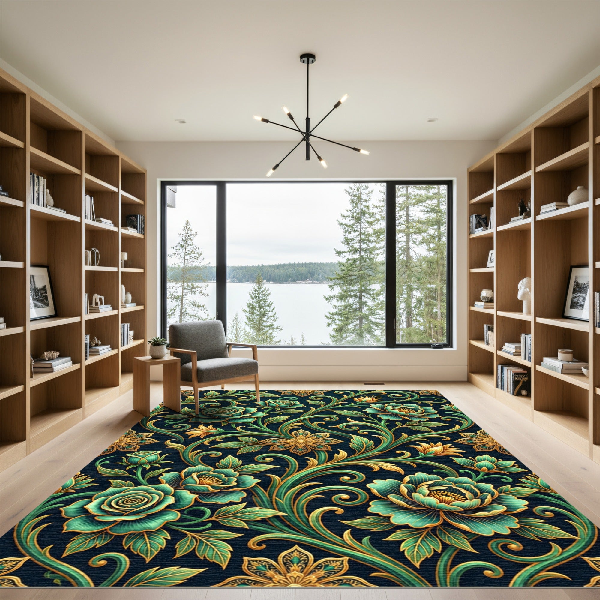 Deep Teal Emerald Floral Scroll Rug
