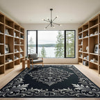 Ornate Silver Damask Charcoal Medallion Rug
