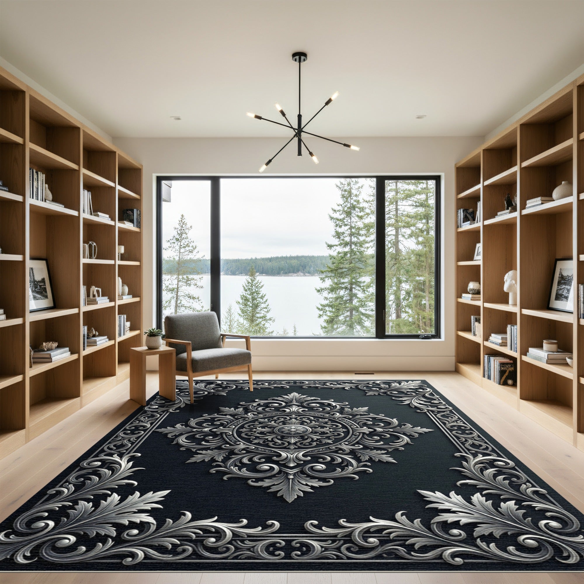 Ornate Silver Damask Charcoal Medallion Rug