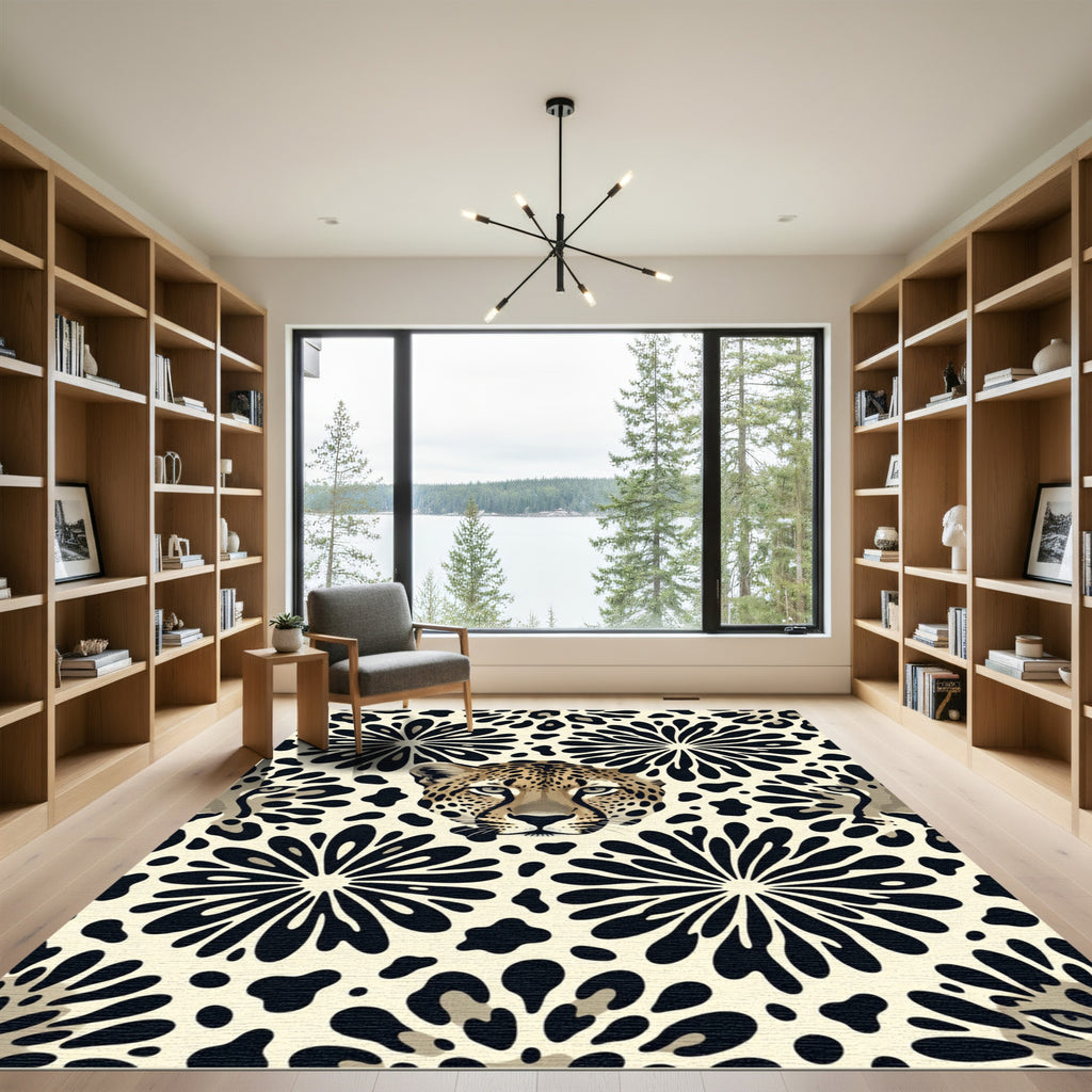 Bold Leopard Face and Floral Art Rug