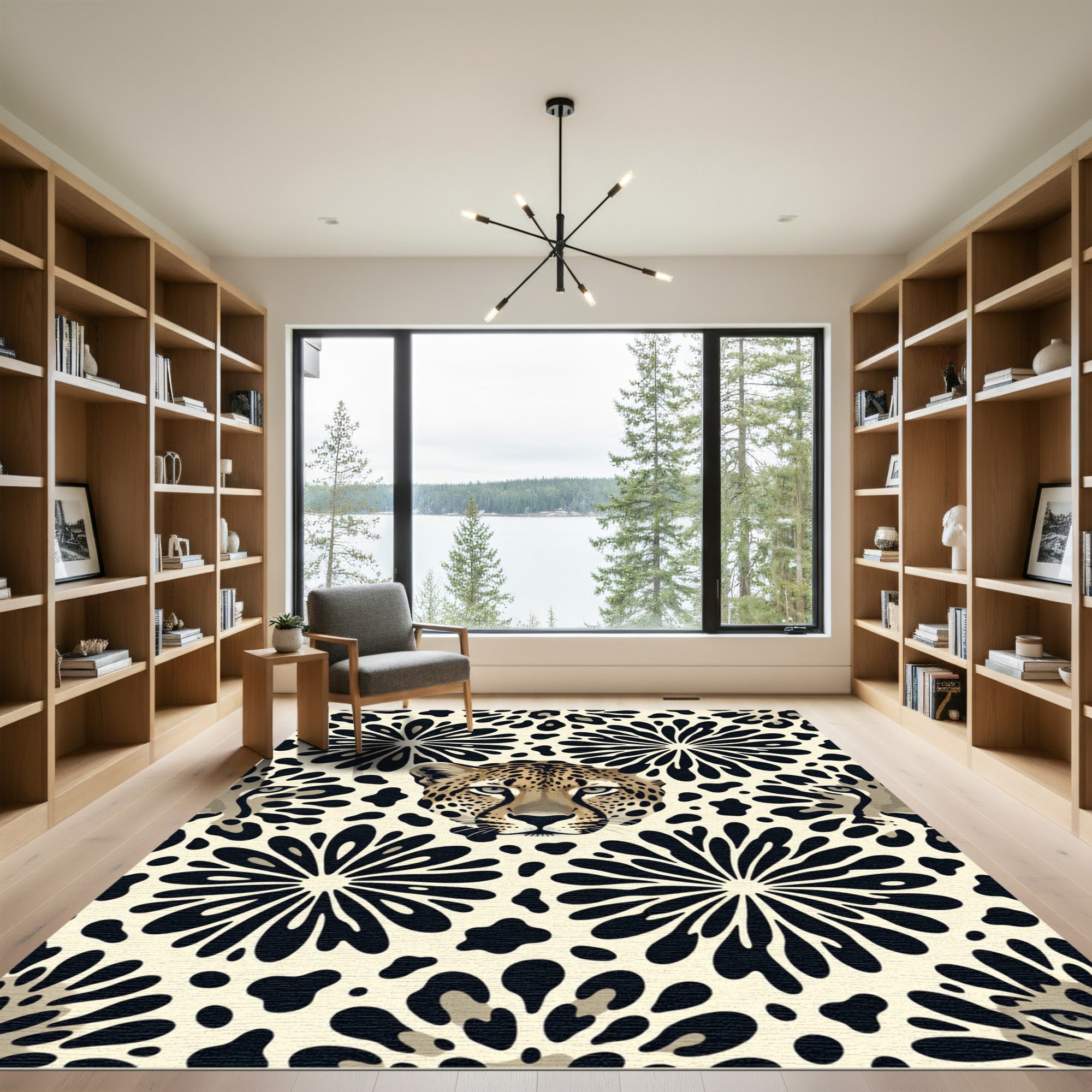 Bold Leopard Face and Floral Art Rug