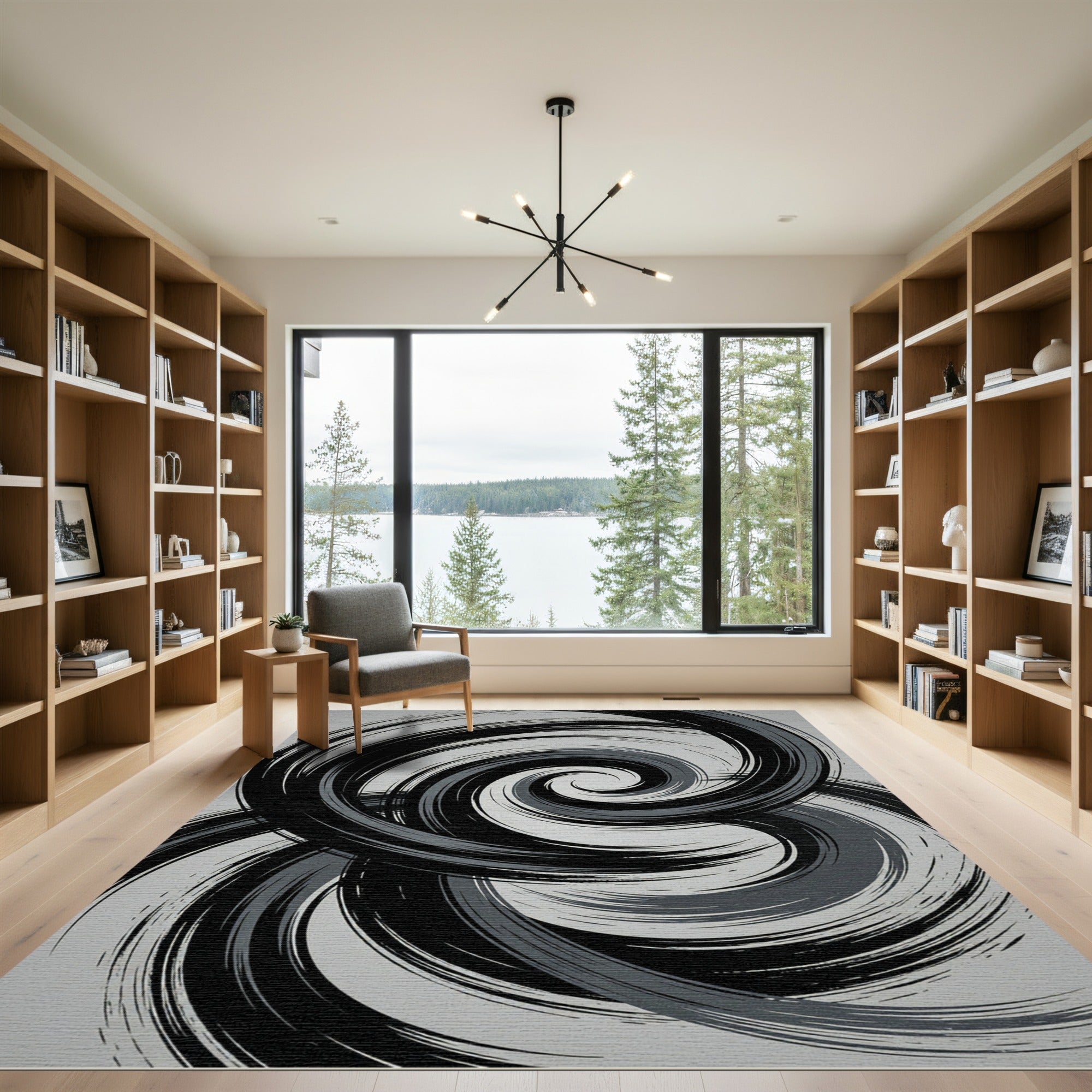 Minimalist Monochrome Abstract Swirl Art Rug