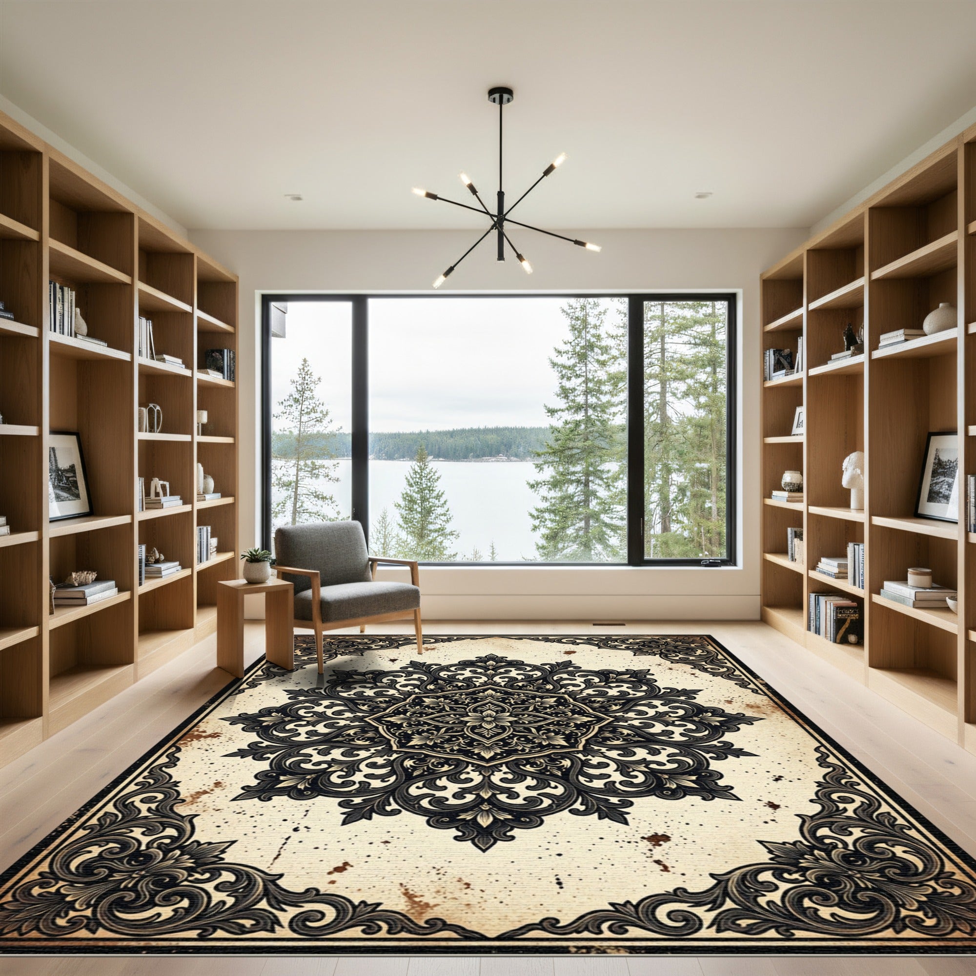 Ornate Black Cream Baroque Medallion Rug