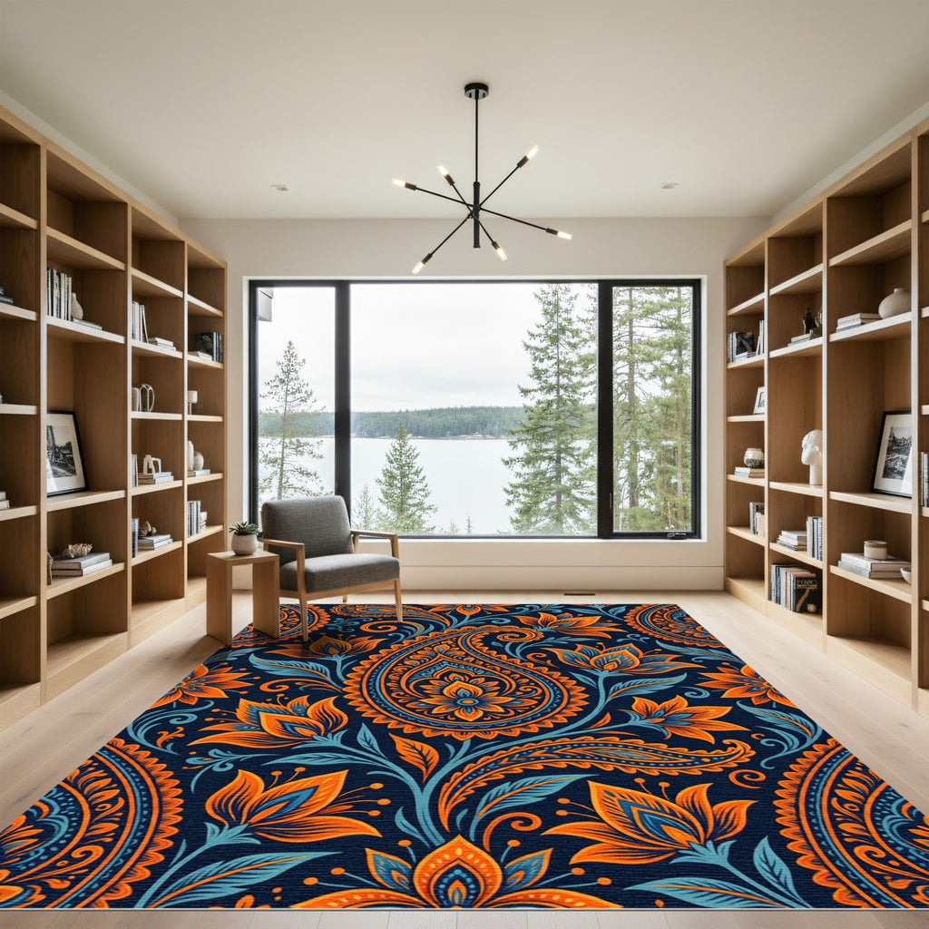 Vibrant Orange Blue Paisley Floral Rug