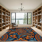 Vibrant Orange Blue Paisley Floral Rug