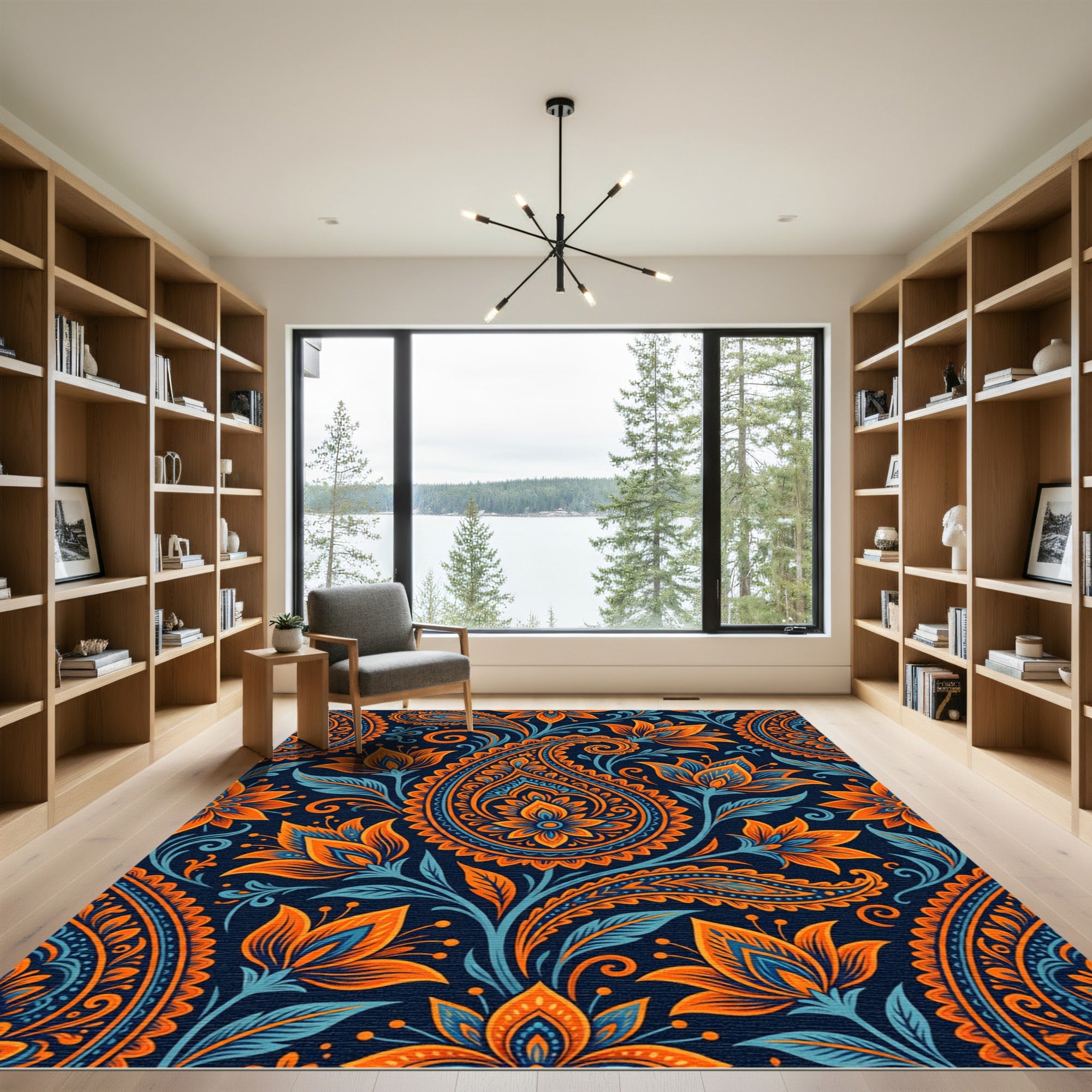 Vibrant Orange Blue Paisley Floral Rug