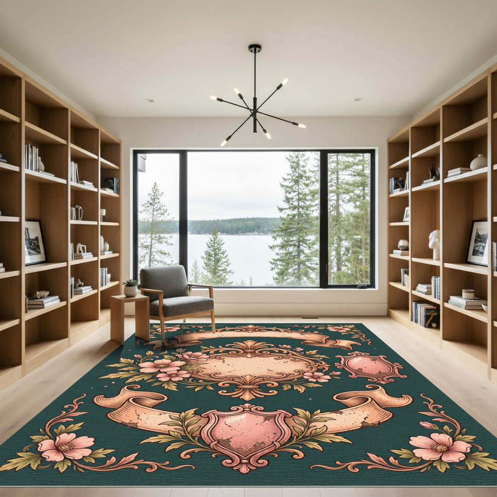 Ornate Floral Scroll Emblem Teal Rug