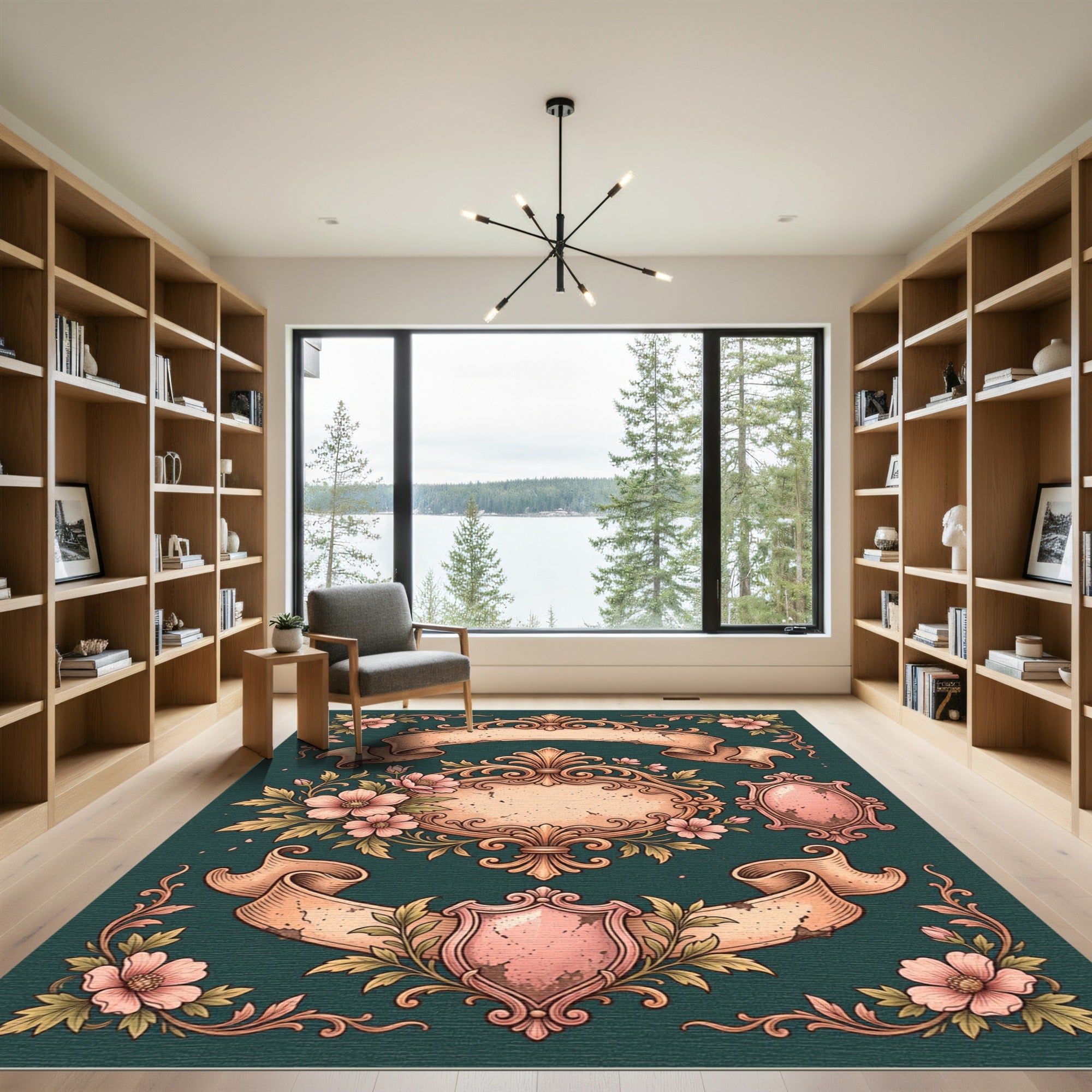 Ornate Floral Scroll Emblem Teal Rug