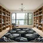 Hexagon Mountain Landscape Black Gray Rug