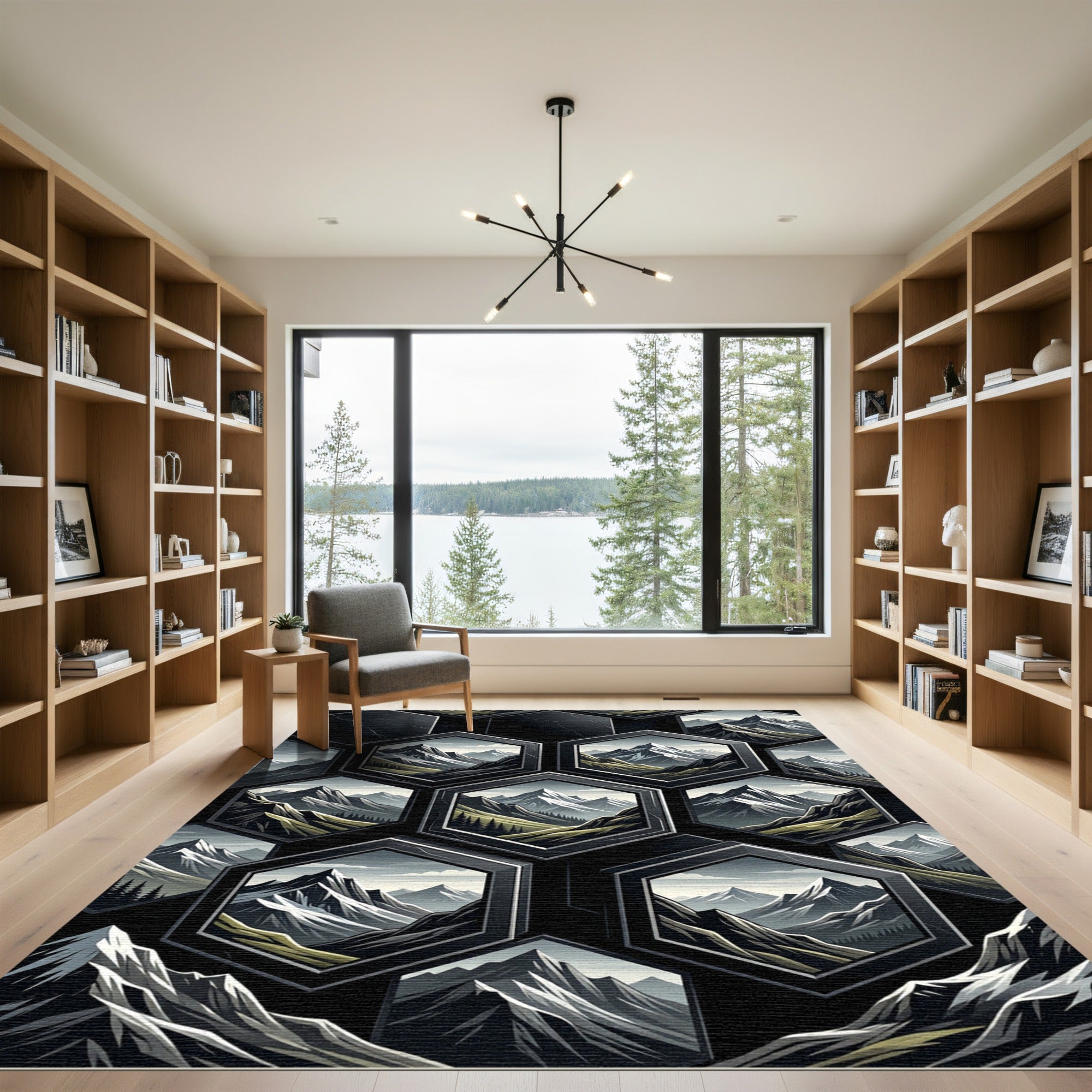 Hexagon Mountain Landscape Black Gray Rug