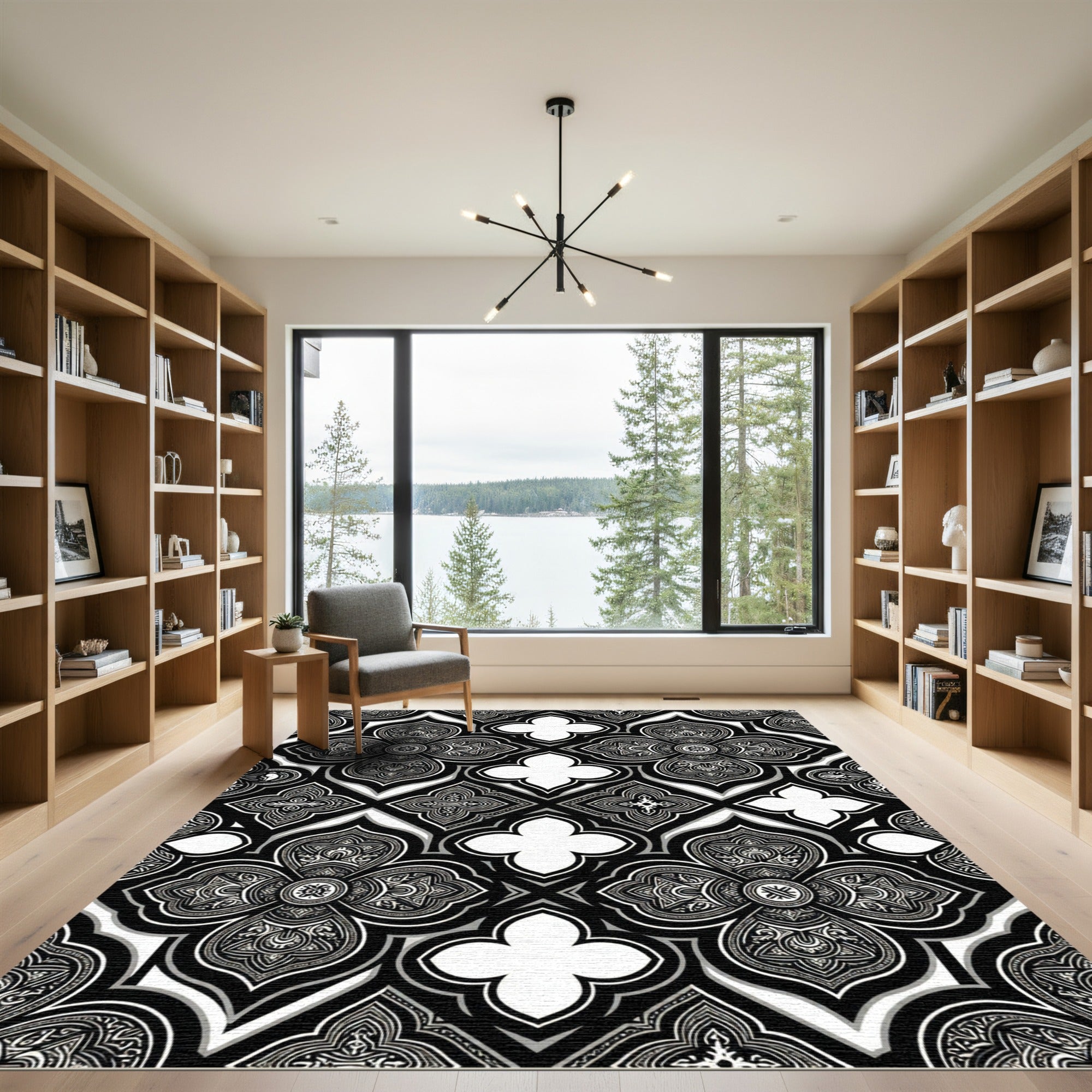 Monochrome Gothic Quatrefoil Geometric Tile Rug