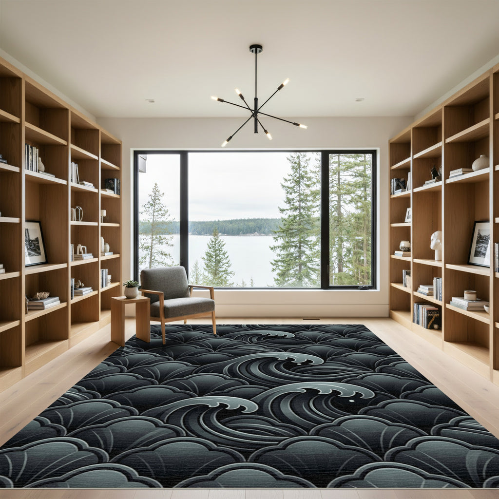 Dark Gray Ocean Wave Composition Rug