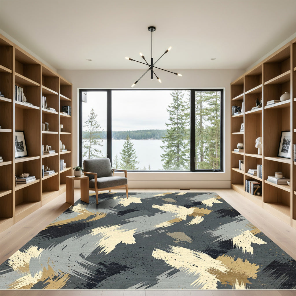 Abstract Beige Gray Brushstroke Splatter Rug