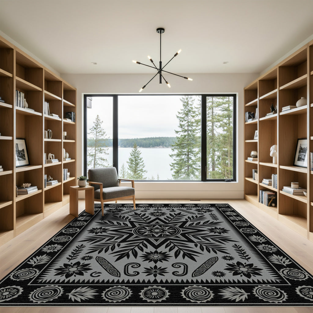Monochrome Floral Star Medallion Art Rug