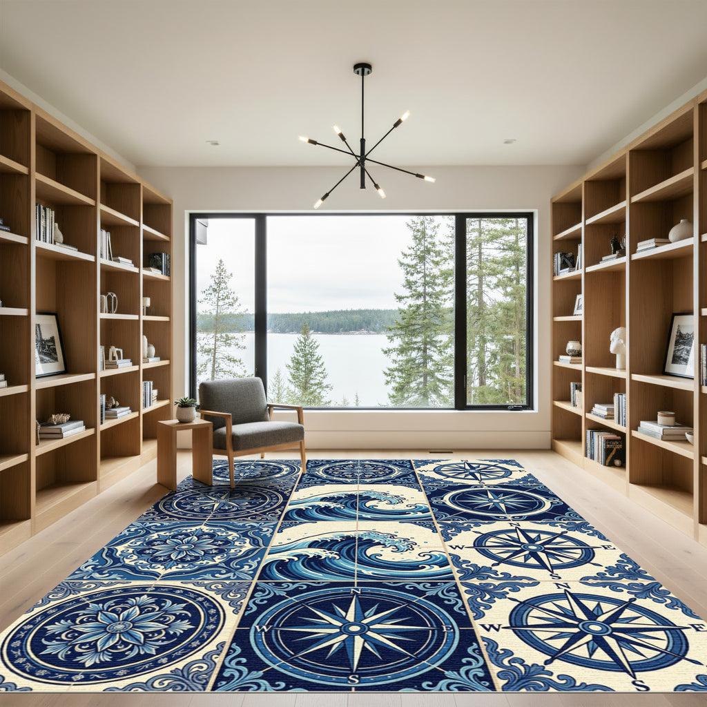 Blue Ocean Wave Compass Medallion Rug