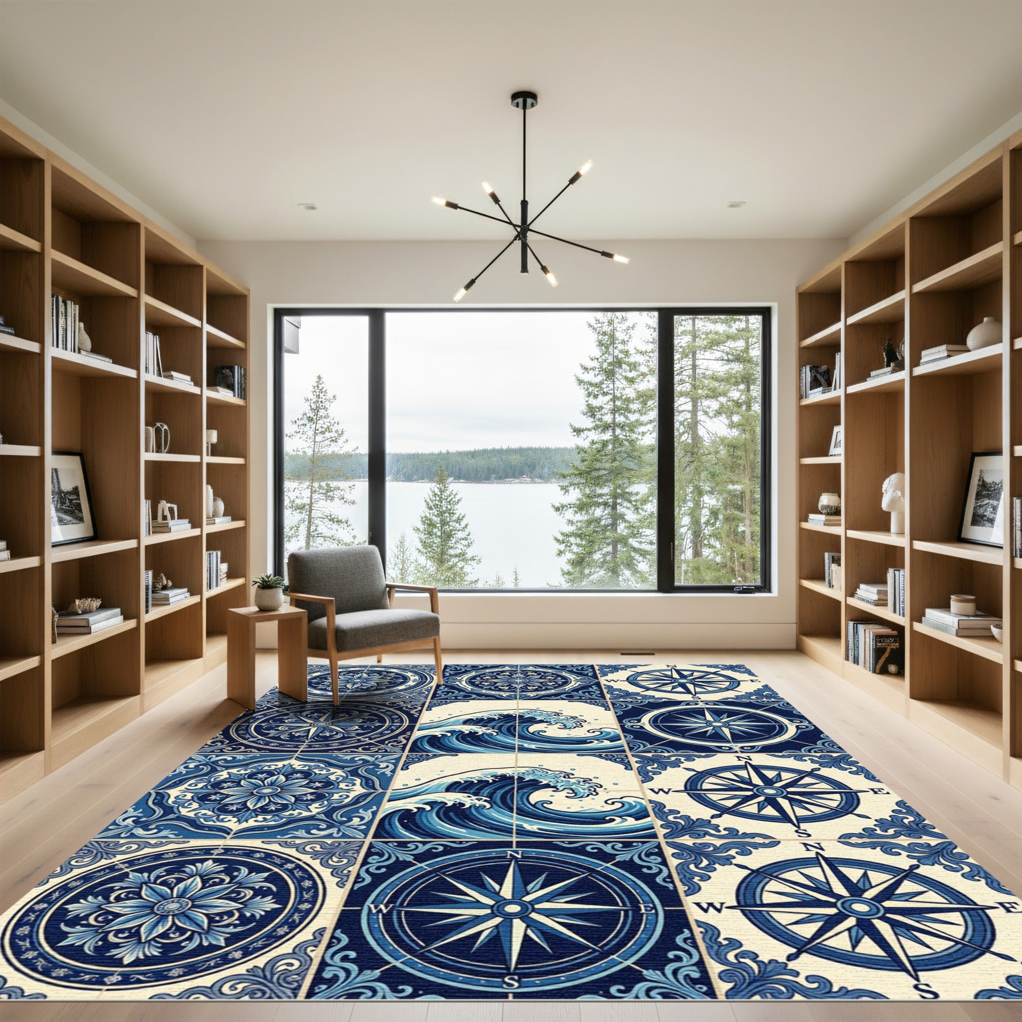 Blue Ocean Wave Compass Medallion Rug