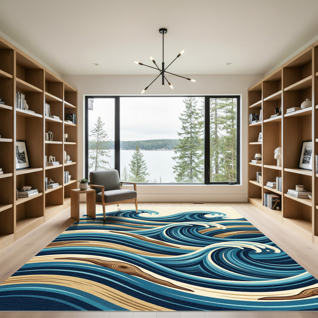 Japanese Wave Wood Grain Blue Art Rug