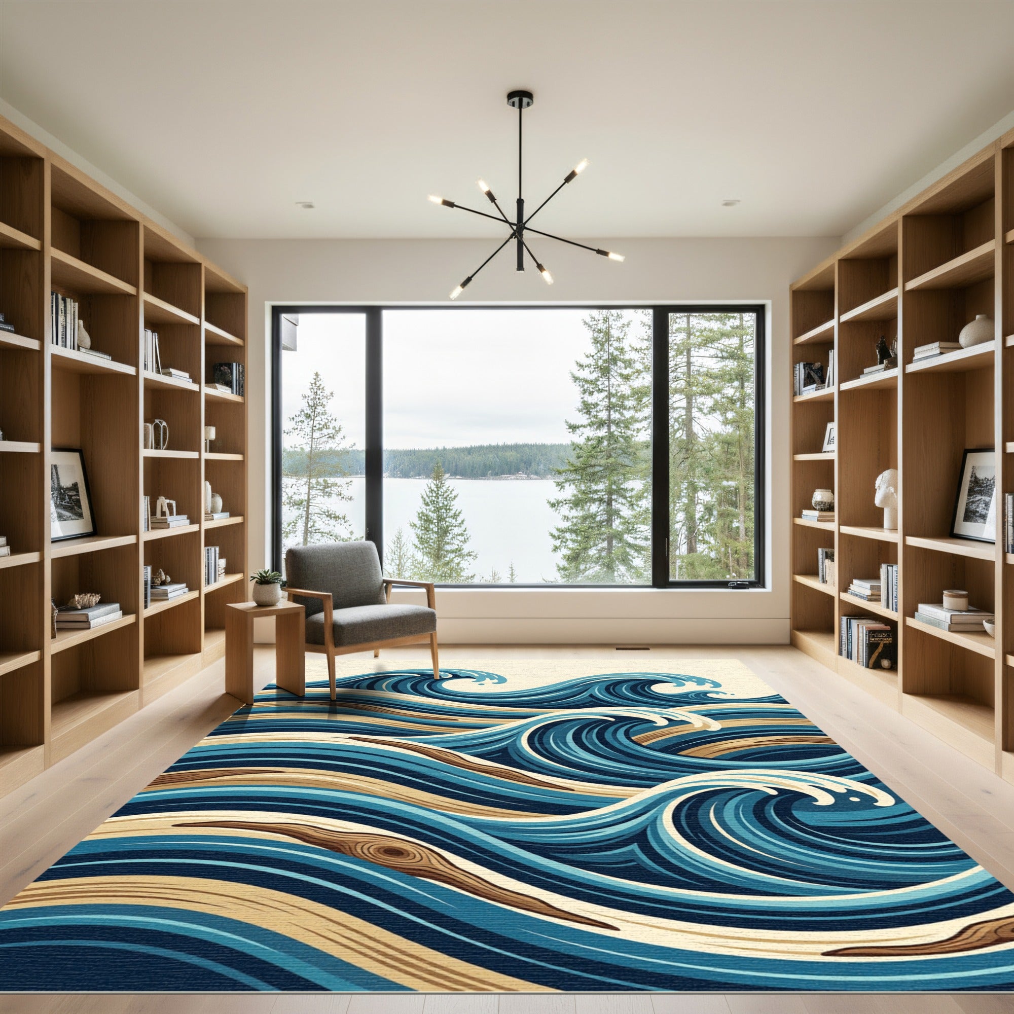 Japanese Wave Wood Grain Blue Art Rug