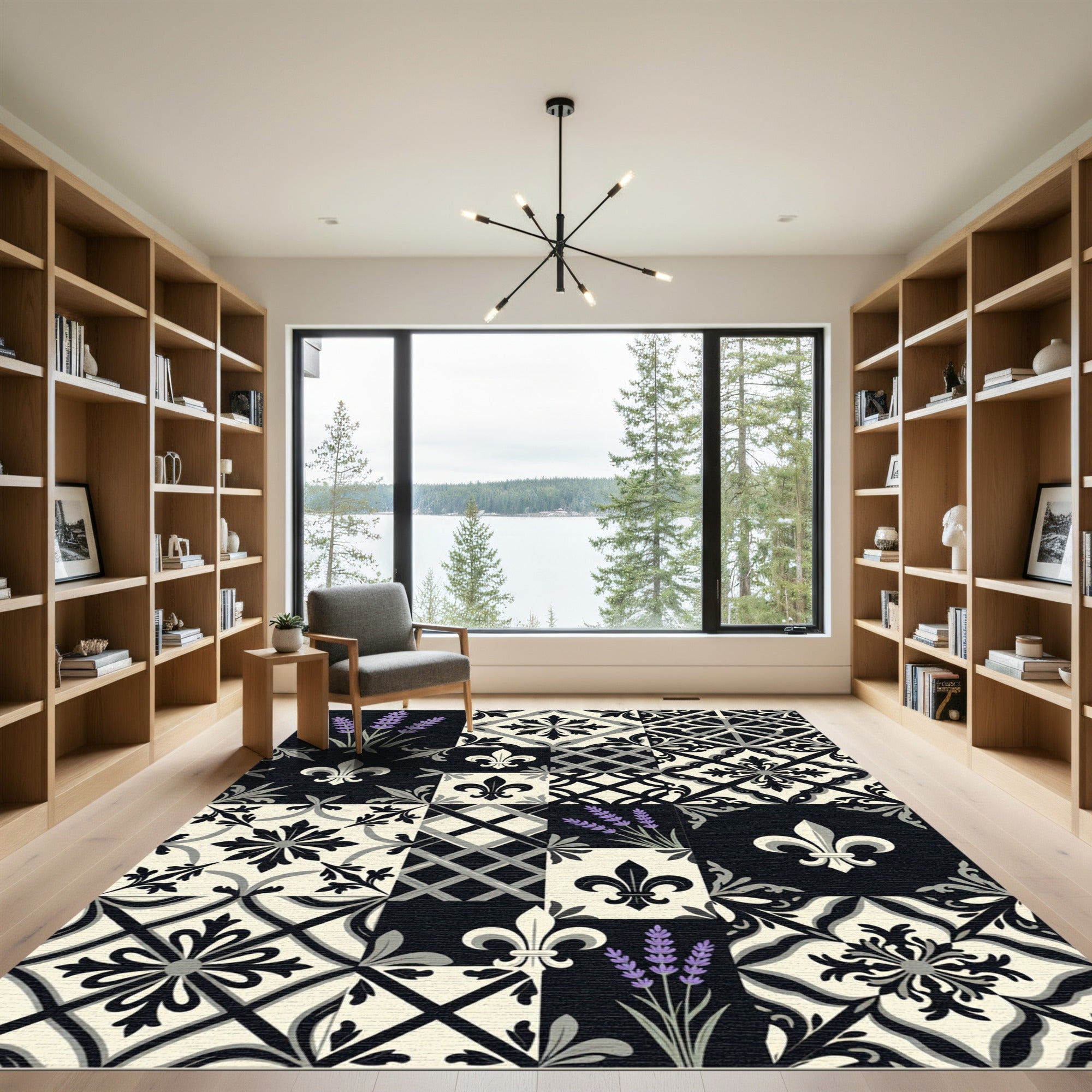 Black White Lavender Fleur De Lis Medallion Rug
