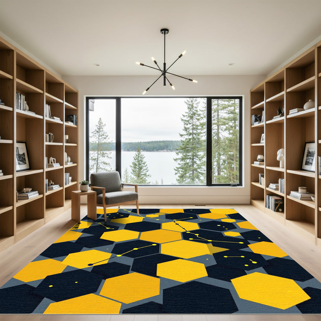 Modern Yellow and Charcoal Constellation Hexagons Rug