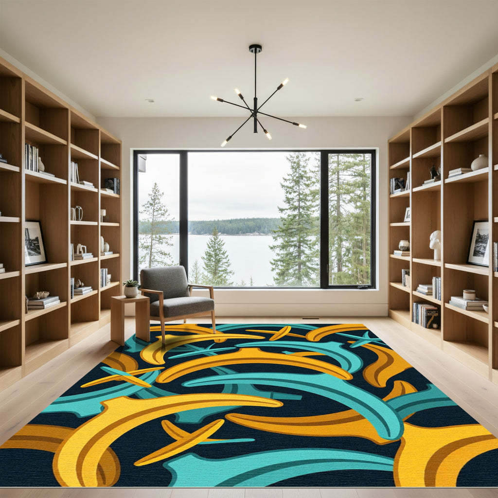 Modern Golden Banana Abstract Teal Layer Rug