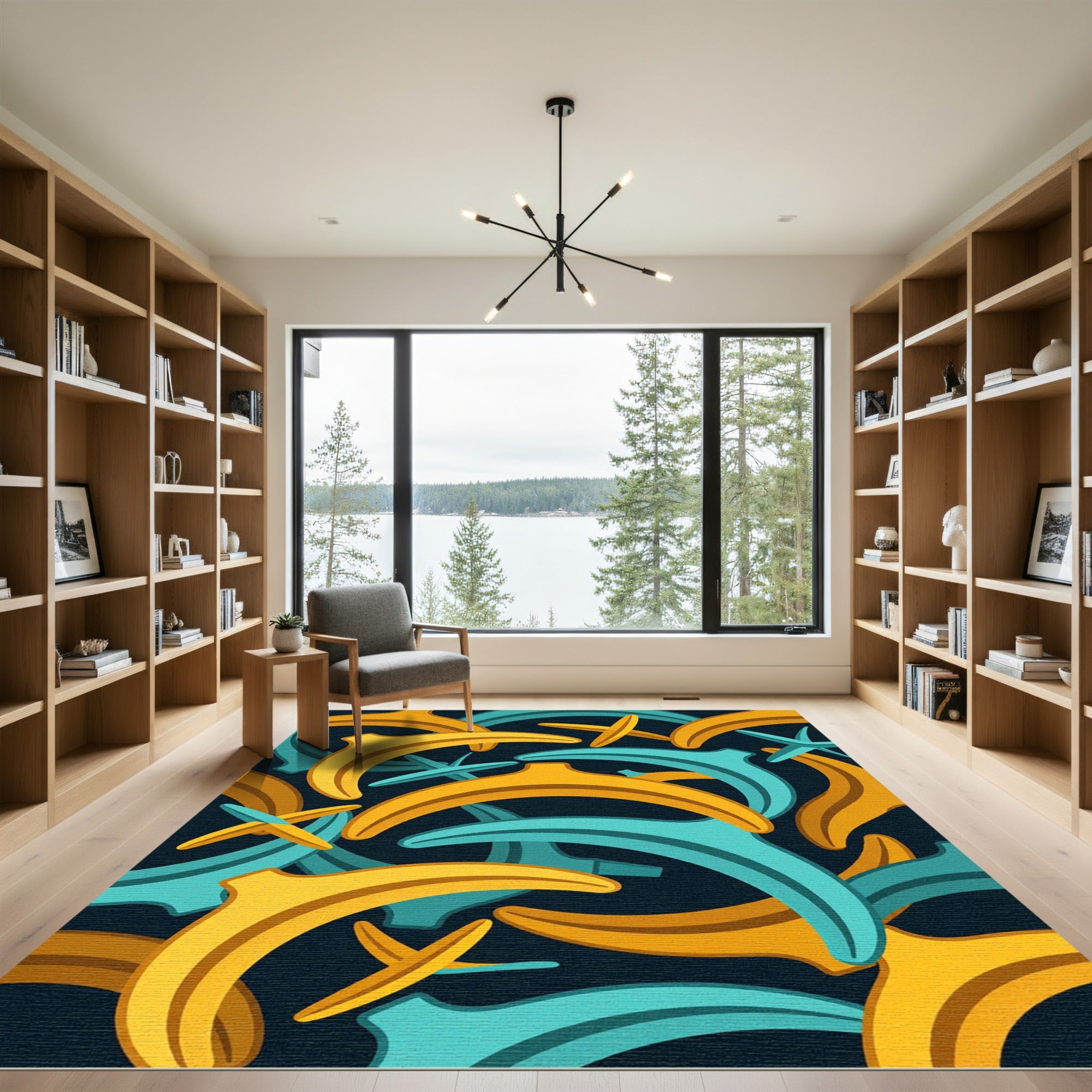 Modern Golden Banana Abstract Teal Layer Rug