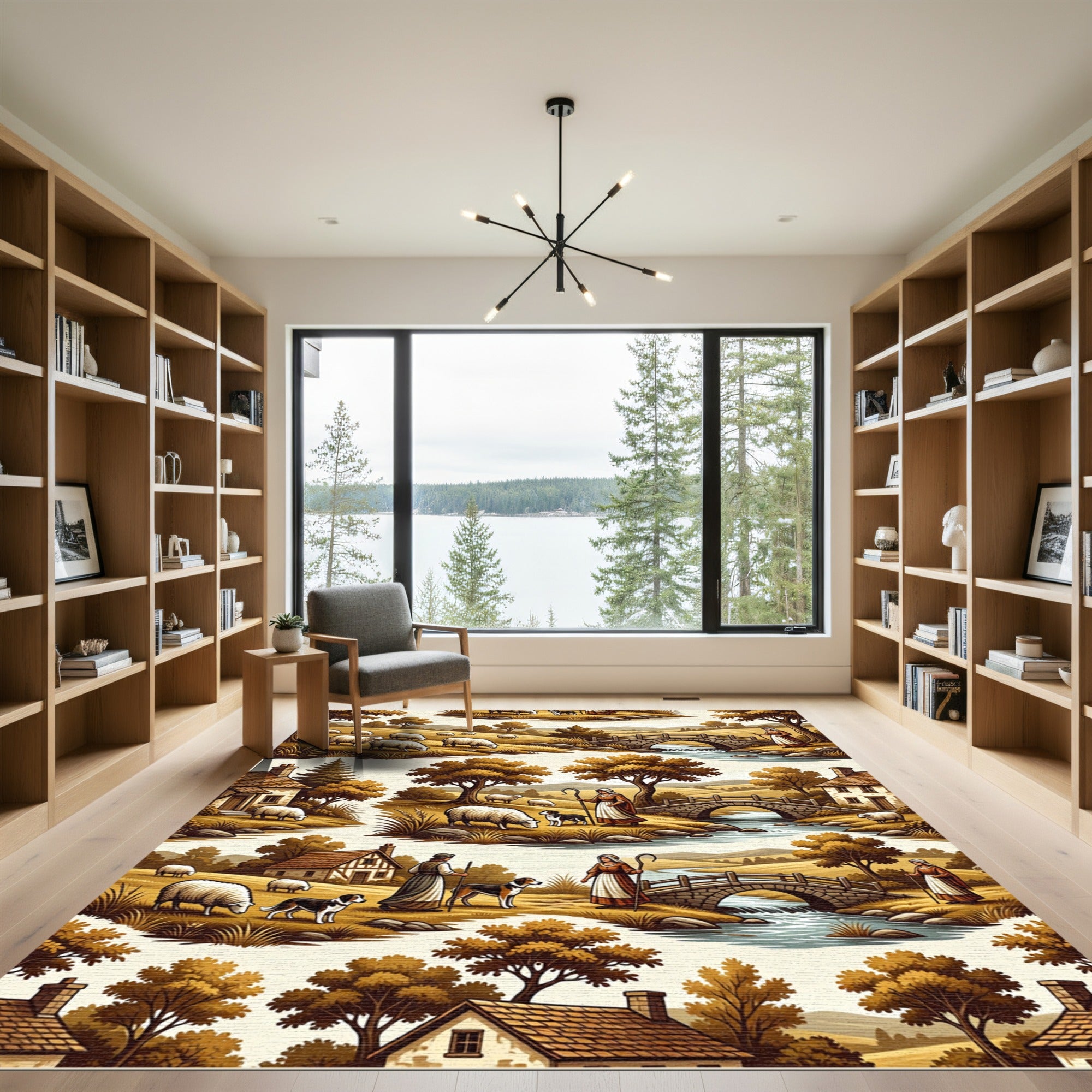 Pastoral Sheep Field Landscape Bridge Rug