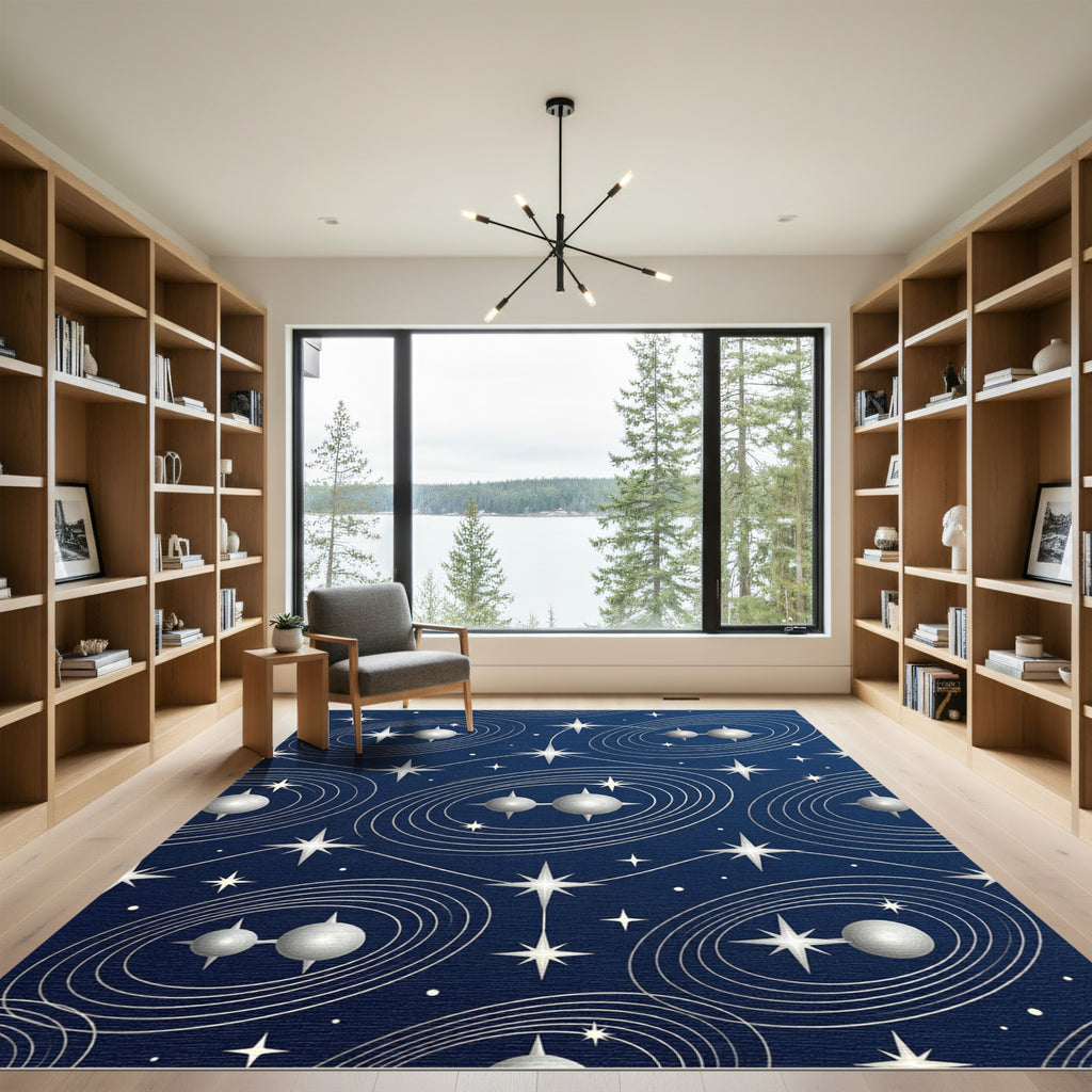 Celestial Silver Orbits Midnight Blue Rug