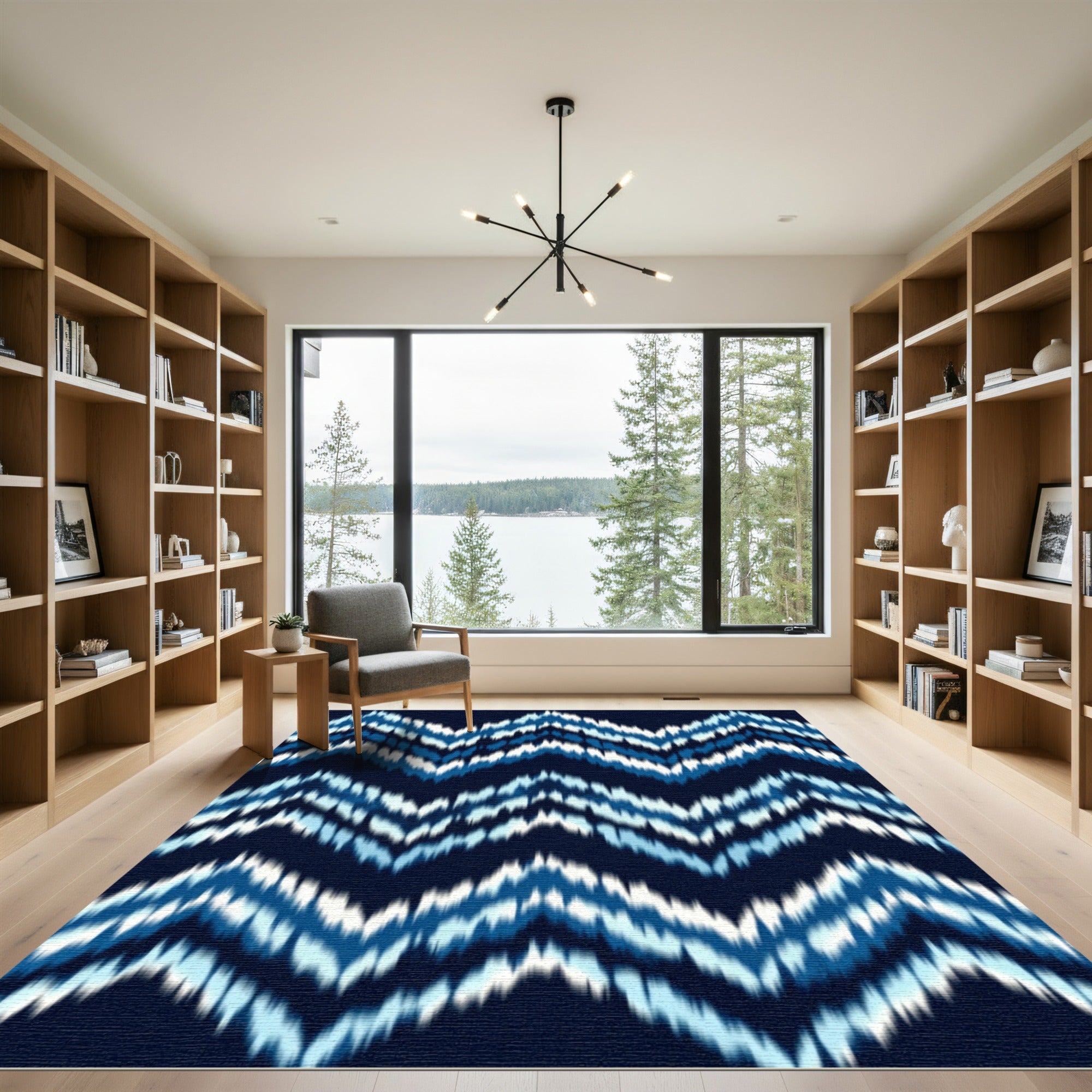 Deep Blue White Jagged Chevron Rug