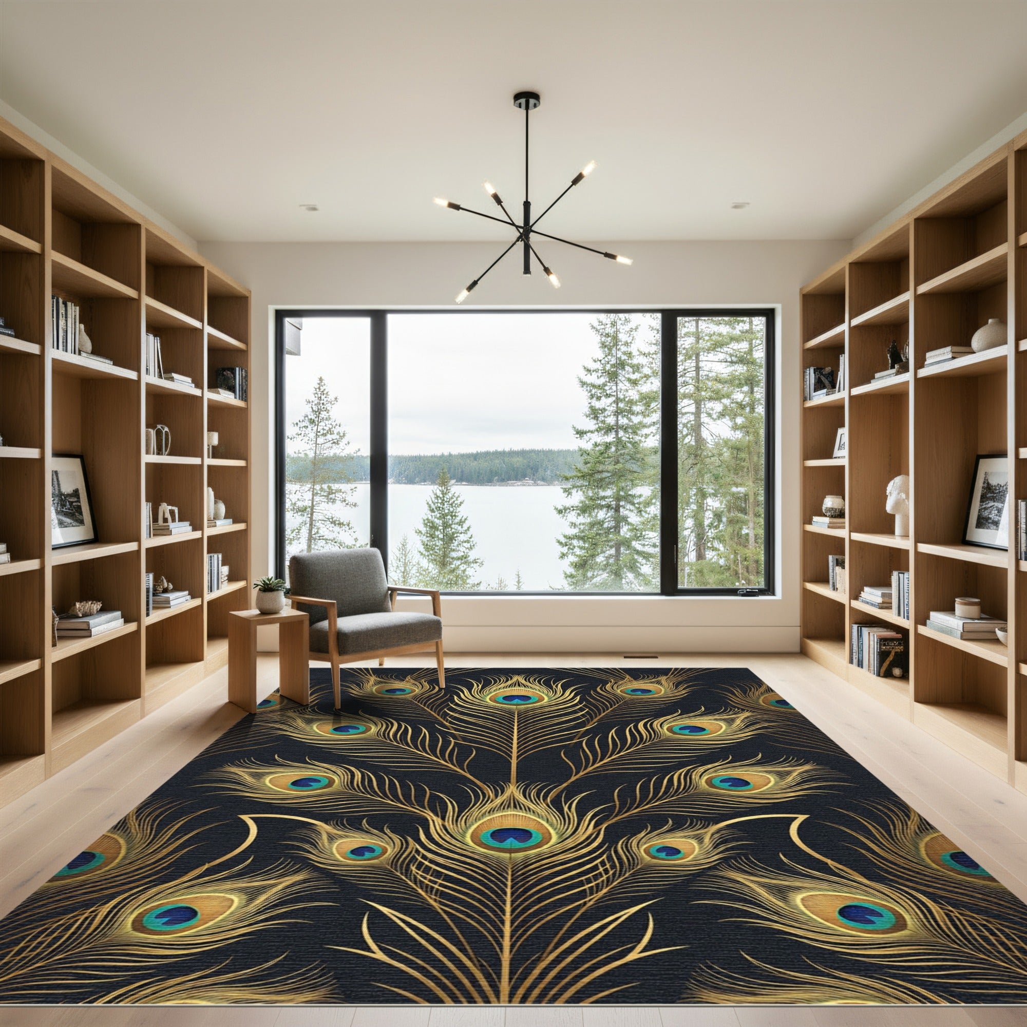 Elegant Golden Peacock Feather Luxury Rug