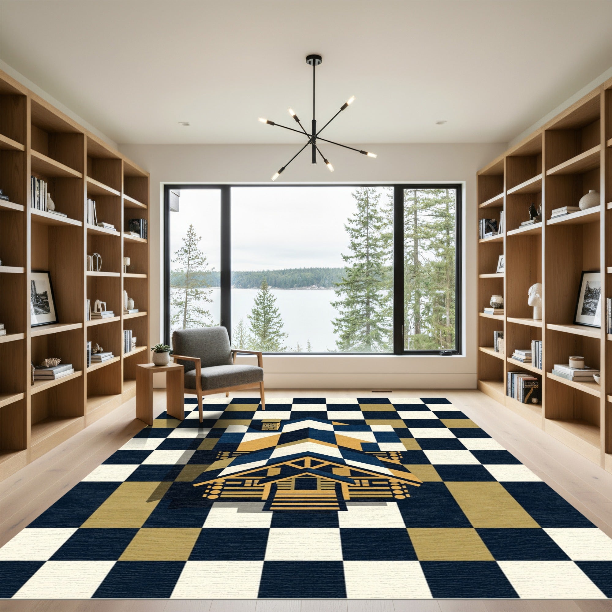 Navy and Gold Geometric Cabin Tile Rug