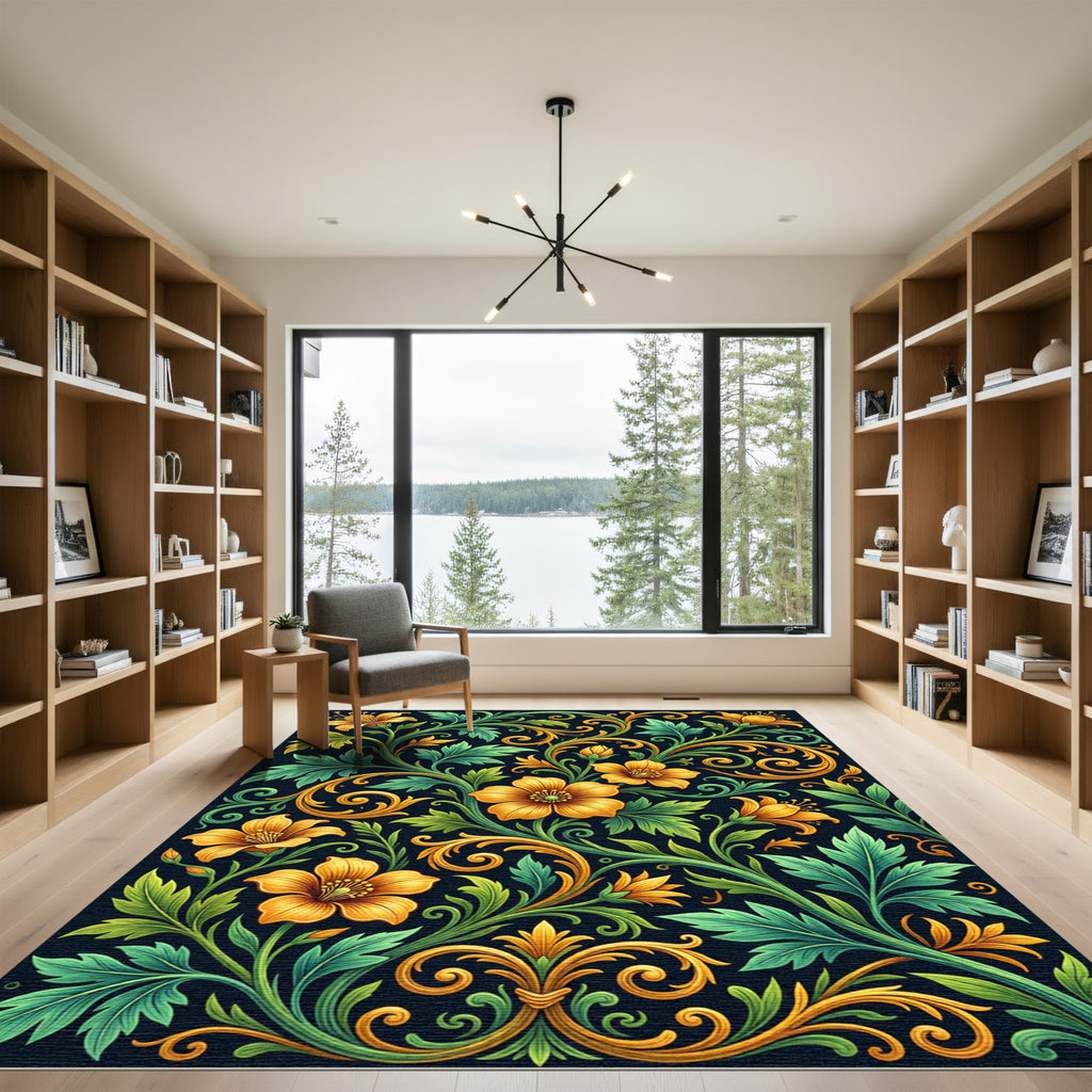 Rich Yellow Floral Vine Arabesque Rug