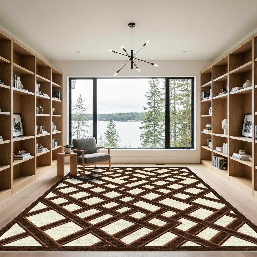 Dark Brown Interlaced Geometric Lattice Rug