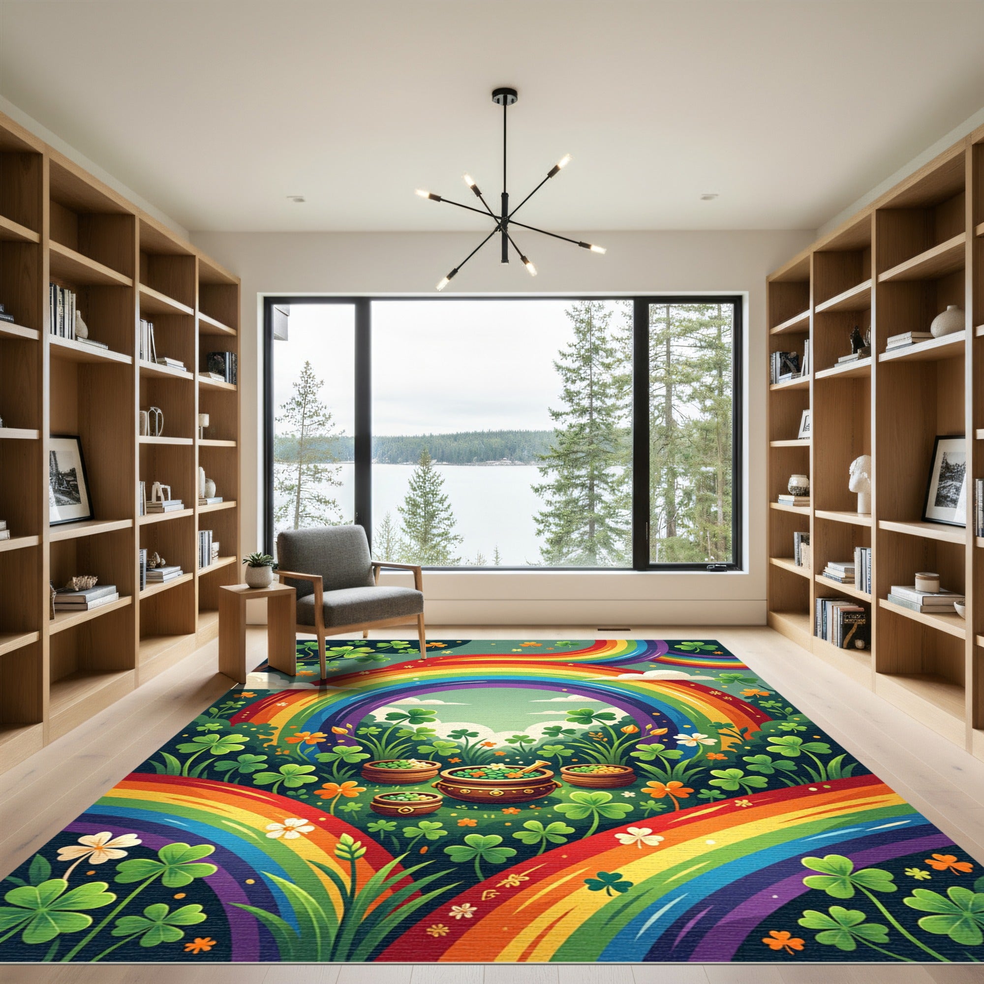 Vibrant Rainbow Clover Meadow Illustration Rug
