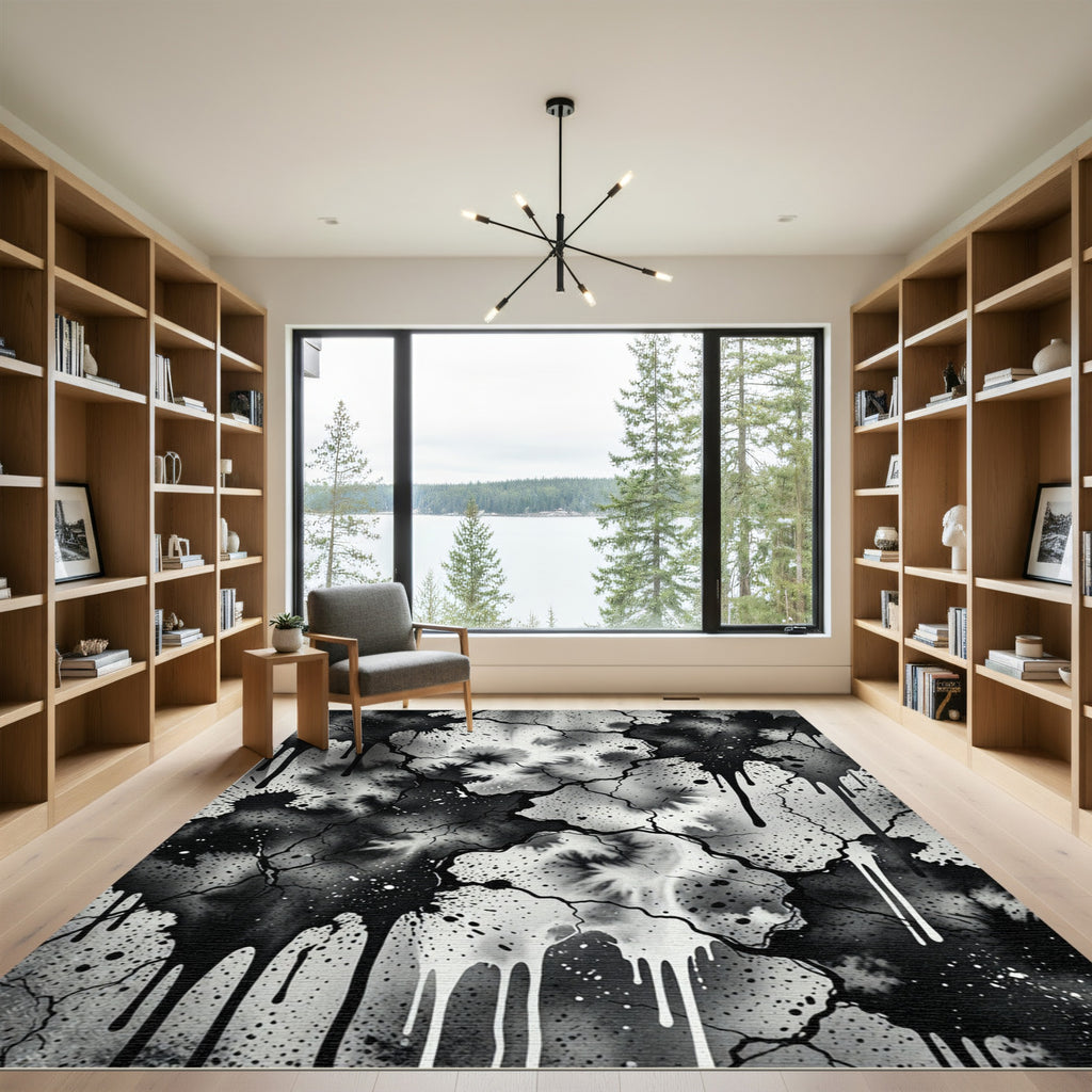 Abstract Drip Splatter Cracked Ink Rug