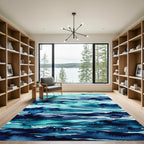 Abstract Teal and Indigo Watercolor Waves Rug