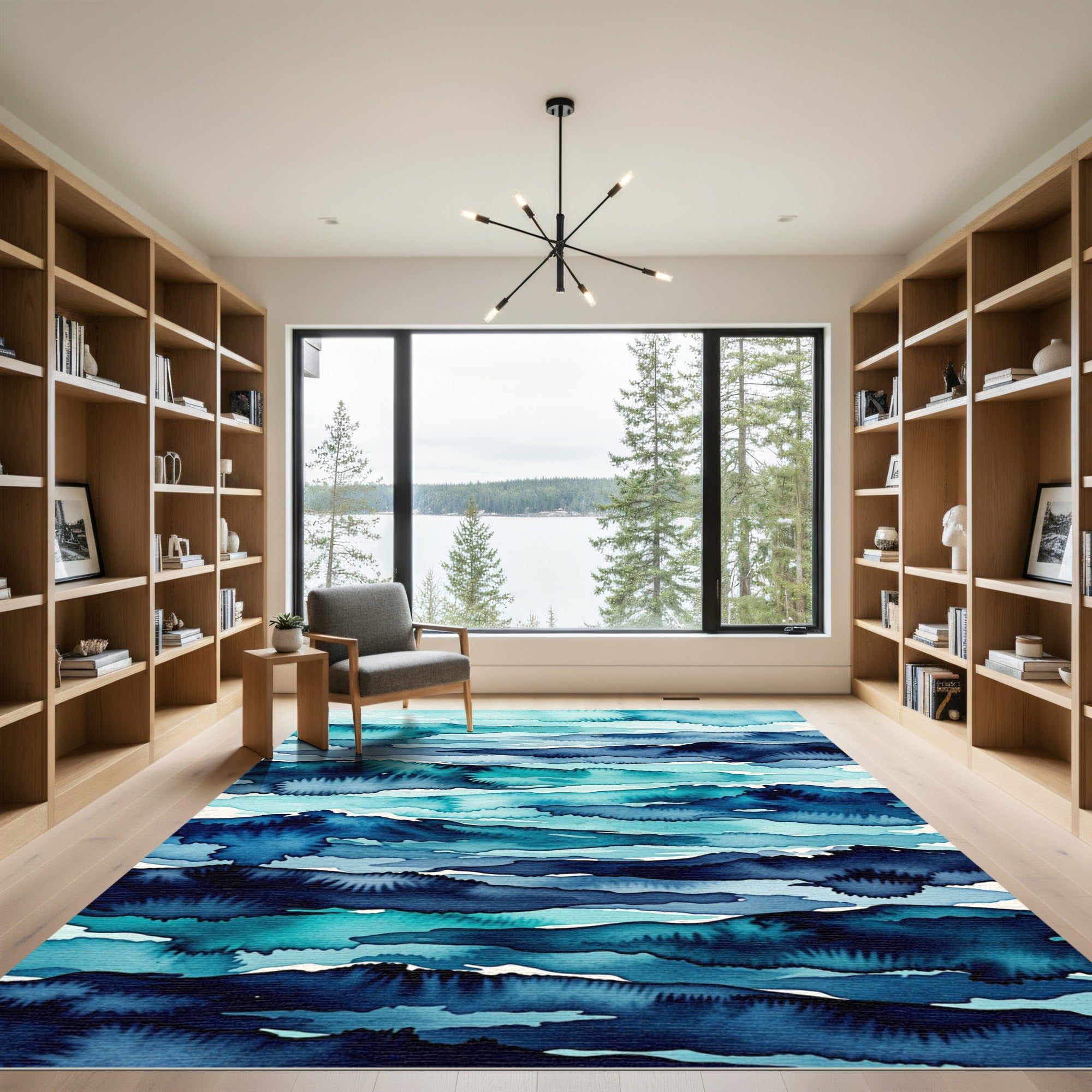 Abstract Teal and Indigo Watercolor Waves Rug