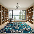 Elegant Teal Silver Fleur-de-Lis Lattice Rug