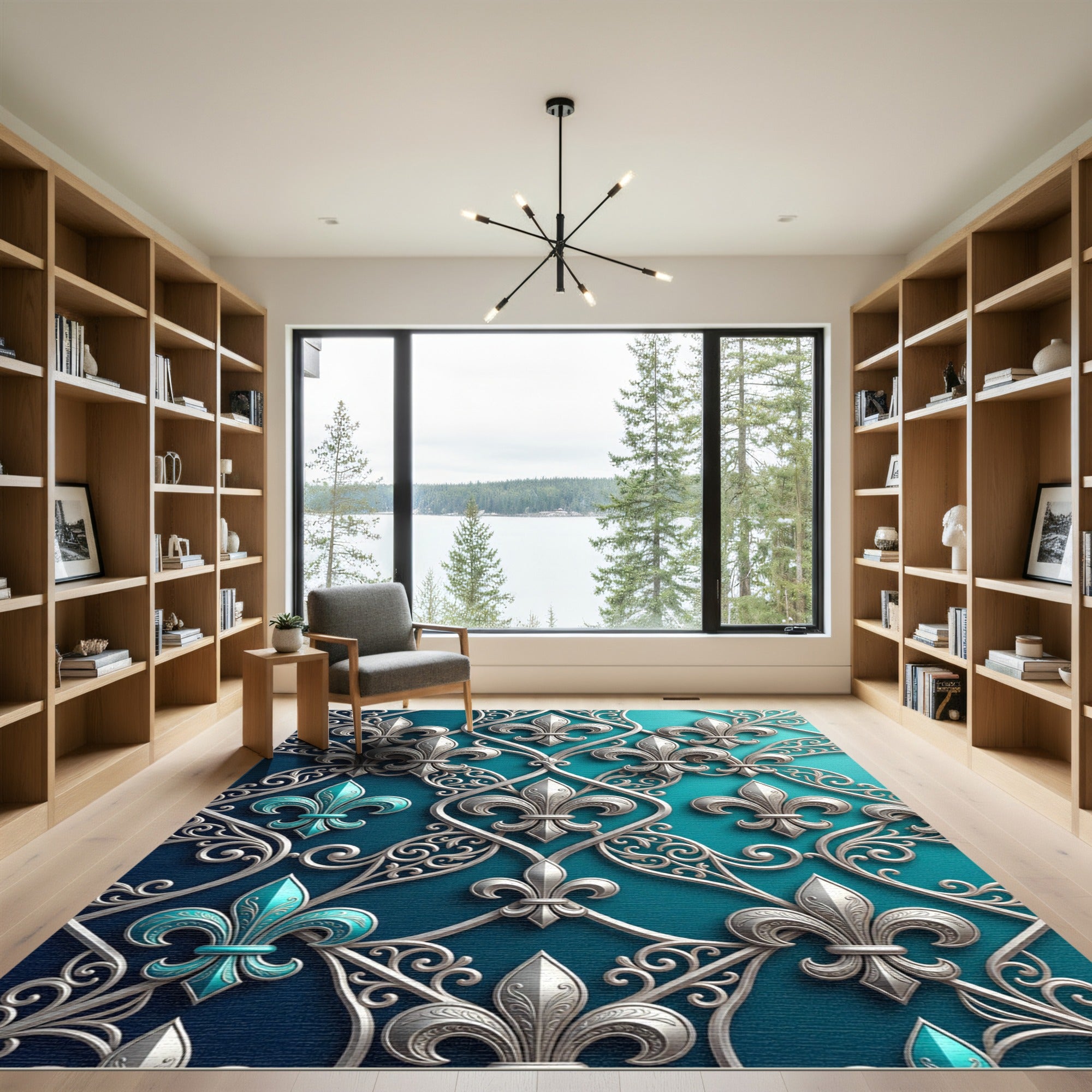 Elegant Teal Silver Fleur-de-Lis Lattice Rug