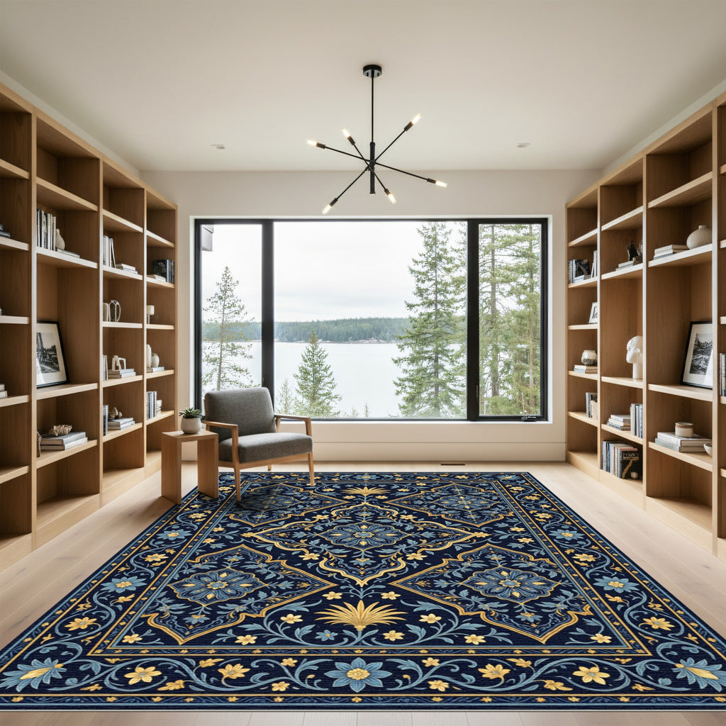 Navy Blue Golden Leaf Arabesque Rug