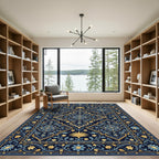 Navy Blue Golden Leaf Arabesque Rug