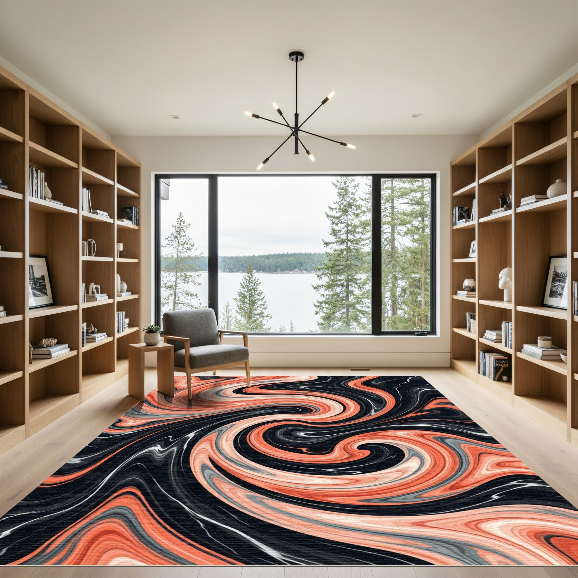 Coral Swirl Marble Black Rug