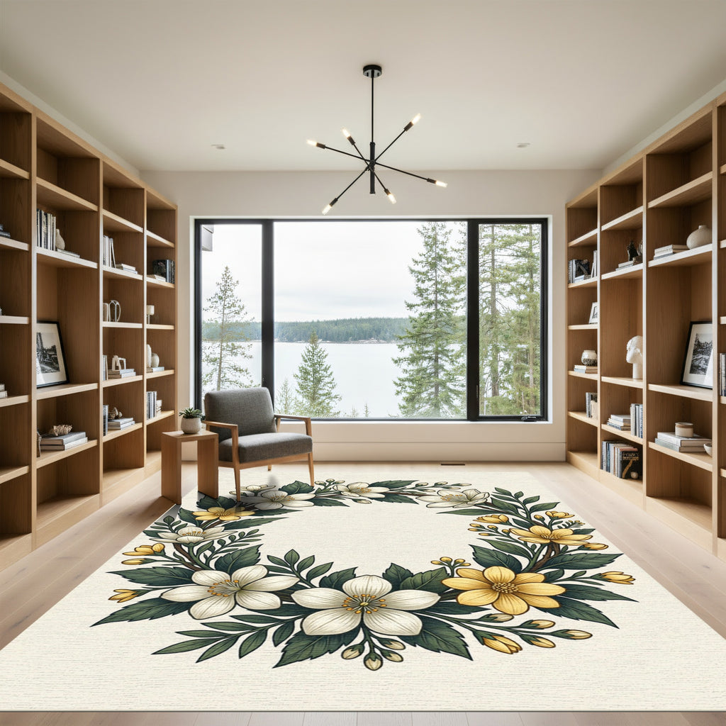 Elegant White and Golden Floral Wreath Rug