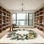 Elegant White and Golden Floral Wreath Rug