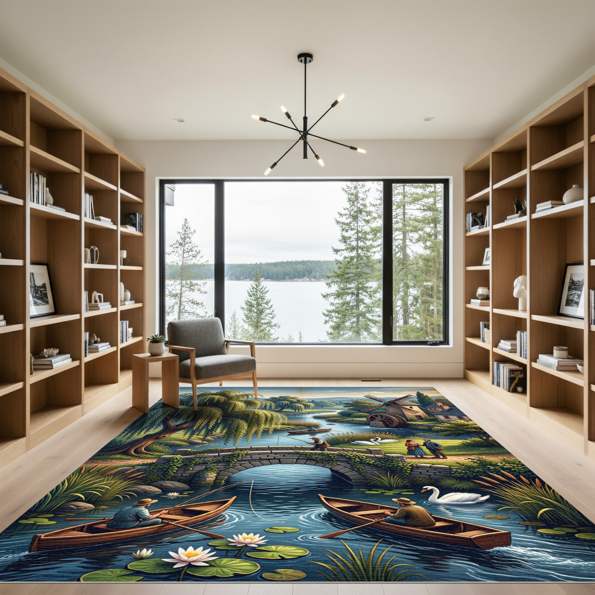 Pastoral Riverbank Willow Landscape Scene Rug