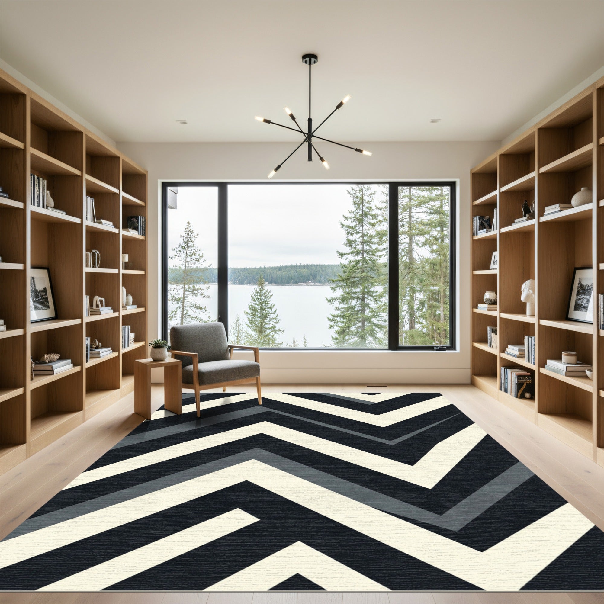 Modern Monochrome Chevron Zigzag Geometric Rug
